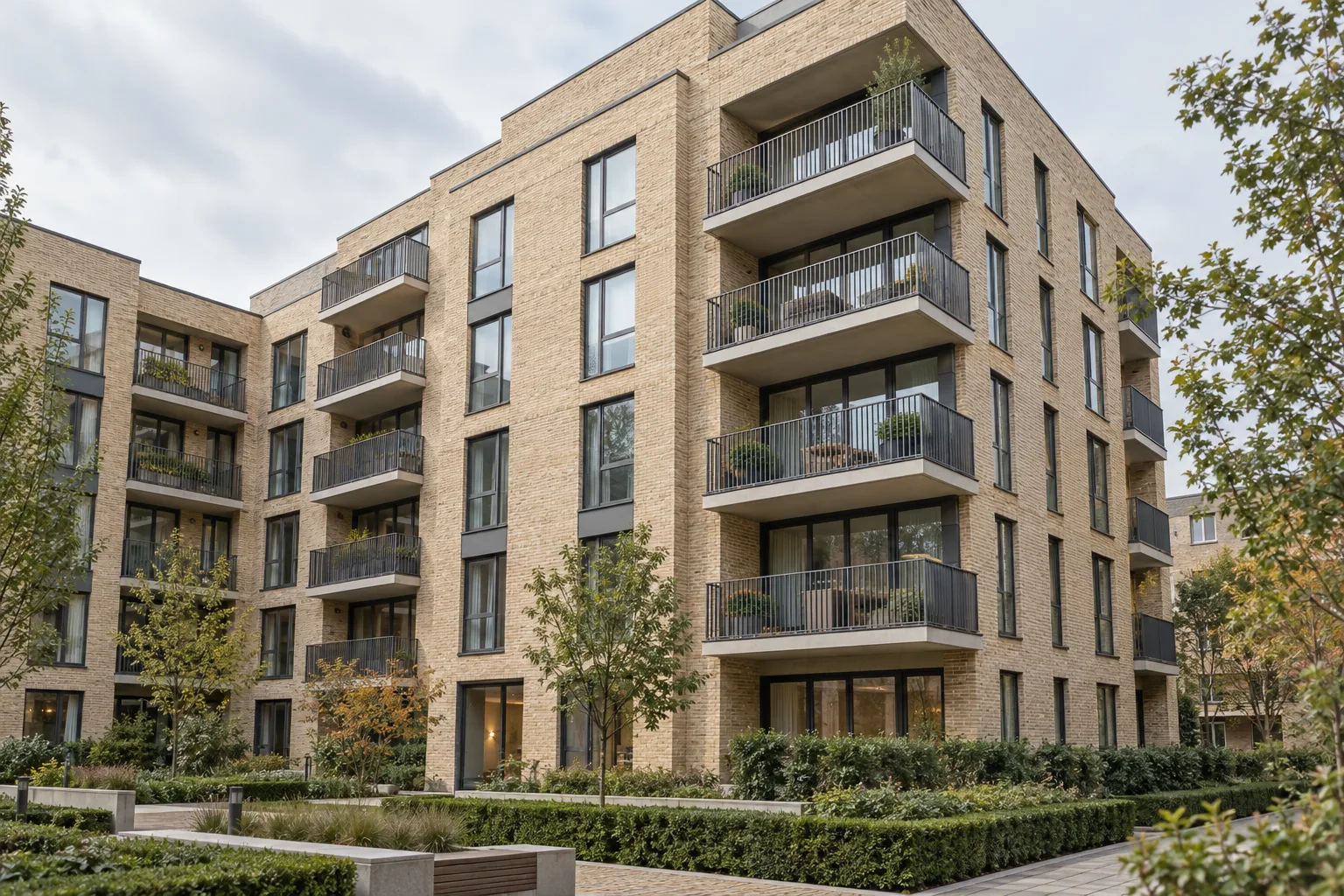 Illustrative apartment block with balconies facing a shared landscaped courtyard